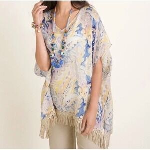 Chico's Linen Poncho Top Womens L/XL Blue Yellow Paisley Fringe Boho Blouse
